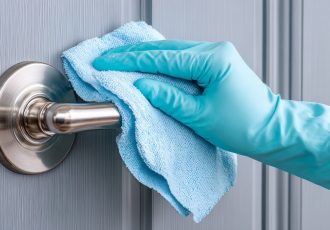 Reinigungskraft desinfiziert die Türklinke in einem Büro in Kiel – Symbolbild für zuverlässige Büroreinigung in Kiel.